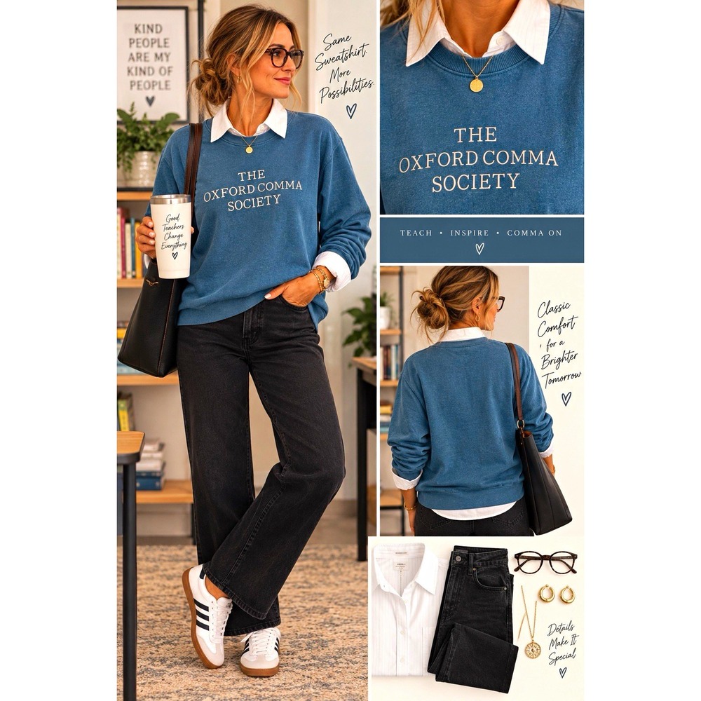 Oxford Comma Society Women's 2XL Blue Crew Neck Pullover Sweatshirt #teacher